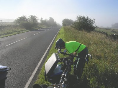 Riding out of the morning fog, A68 heading North.